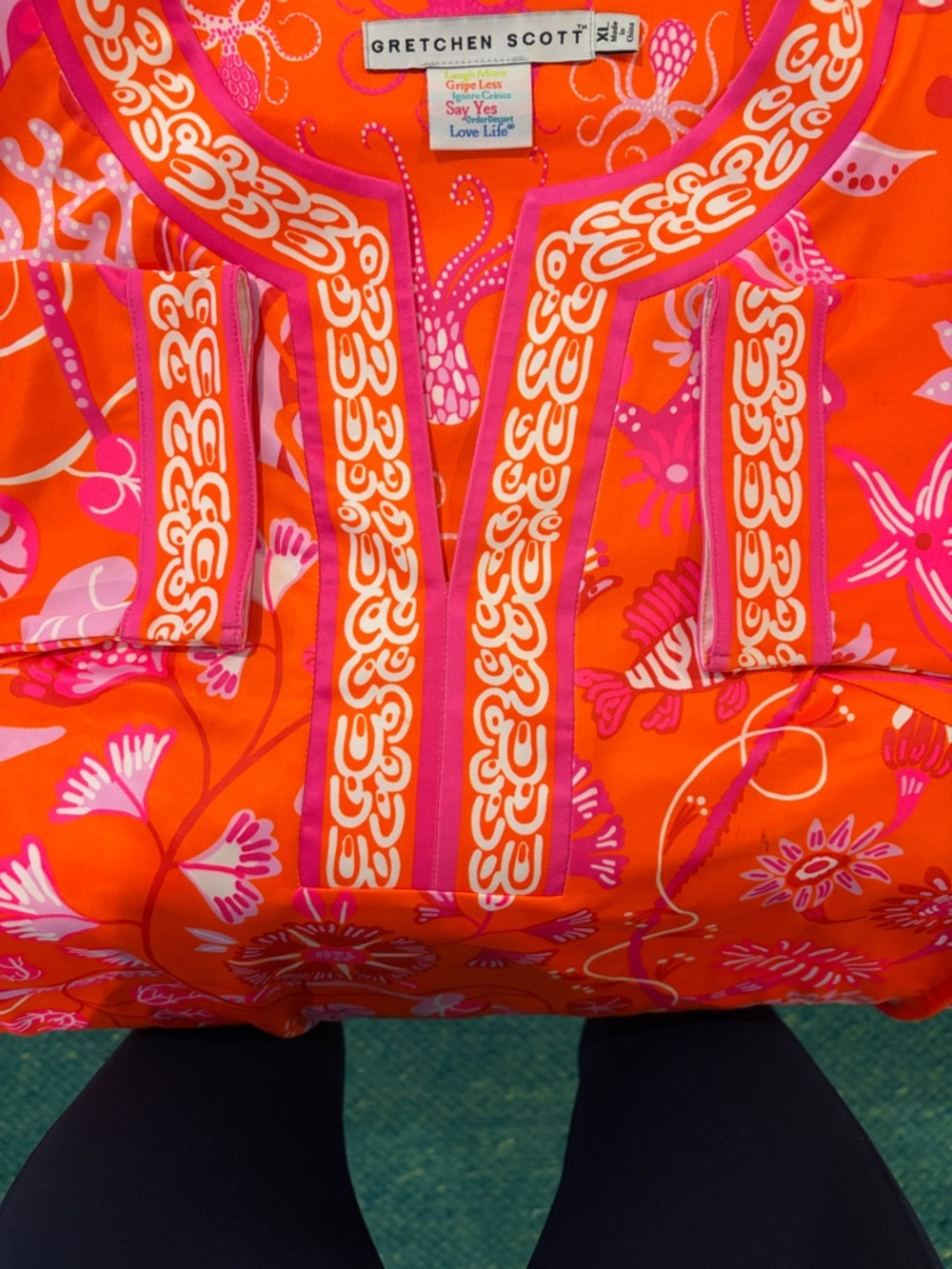 Gretchen Scott Bright Orange Tunic with Pink Floral Trim - Picture 4 of 5